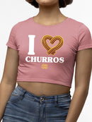 I Love Churros Heart Graphic - Retro Snack Lover Design Women's Crop Tee