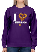 I Love Churros Heart Graphic - Retro Snack Lover Design Women's Sweatshirt