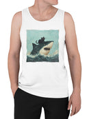Cat Riding a Shark Artwork Men's Tank Top