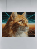 Retro Cat in Neon Gridscape Art UN Poster