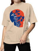 Floral Skull Art in Red and Blue Women's T-shirt
