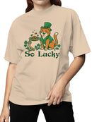 Officially Licensed St. Patrick's Day Lucky Cat with Shamrocks Pot Women's T-shirt
