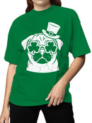 Officially Licensed St. Patrick's Day Pug with Hat and Shamrock Glasses Women's T-shirt