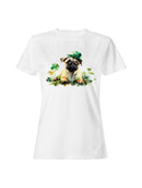 Officially Licensed St. Patrick's Day Lucky Pug with Shamrocks Hat Women's T-shirt