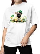 Officially Licensed St. Patrick's Day Lucky Pug with Shamrocks Hat Women's T-shirt