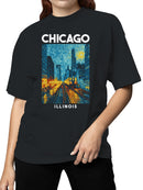 Chicago Starry Night Cityscape Art Women's T-shirt