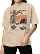 Red Panda with Bowls Under Blossoms Women's T-shirt