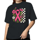 Pink Ribbon Floral Checkerboard Women's T-shirt