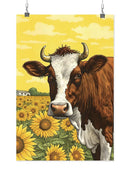 Sunflower Fields With Happy Cow Wall Art -SmartPrintsInk Designs