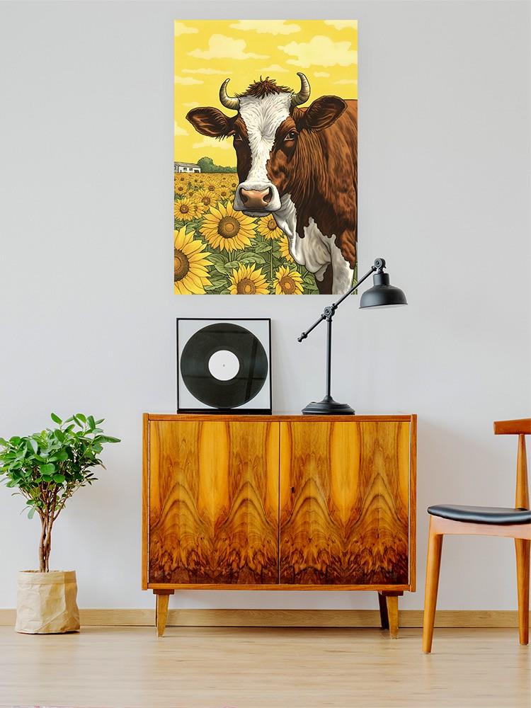 Sunflower Fields With Happy Cow Wall Art -SmartPrintsInk Designs