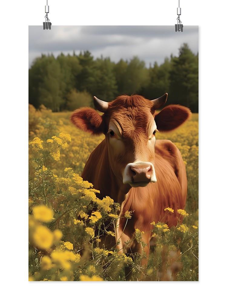 Happy Cow On Sunflower Field Wall Art -SmartPrintsInk Designs