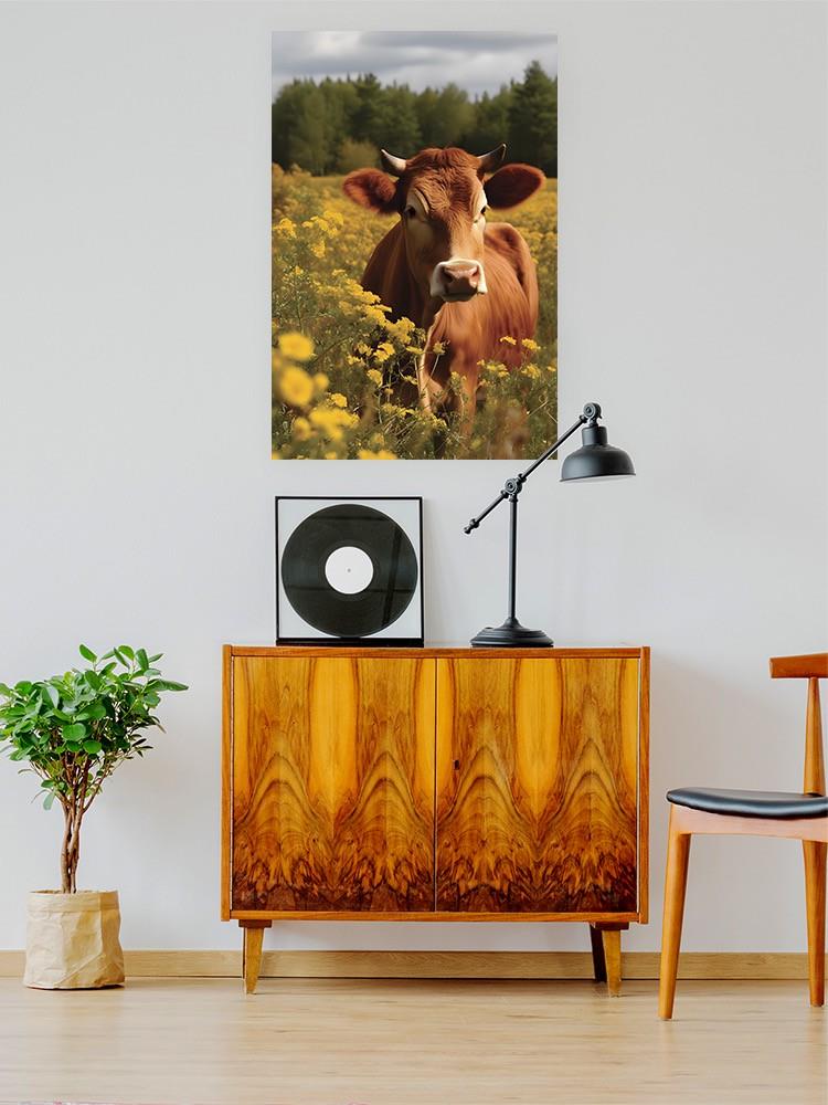 Happy Cow On Sunflower Field Wall Art -SmartPrintsInk Designs