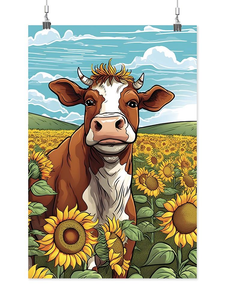 Joyful Cow In Sunflower Field Wall Art -SmartPrintsInk Designs
