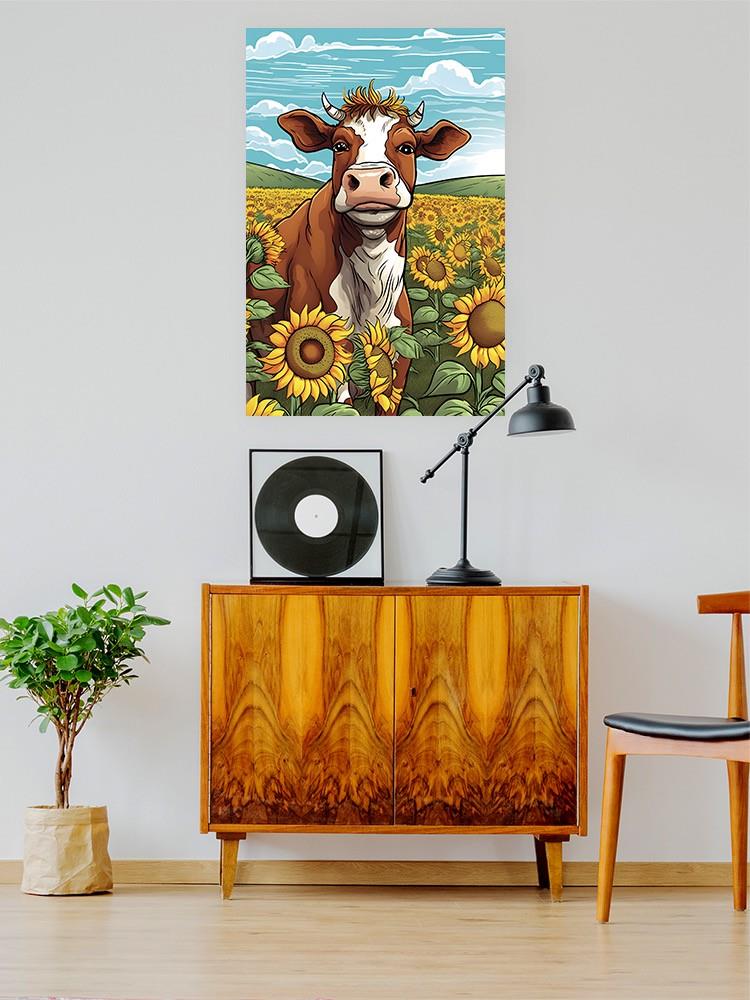 Joyful Cow In Sunflower Field Wall Art -SmartPrintsInk Designs