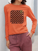 Stay Happy Checkered Graphic Tee Long Sleeve Women's