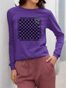 Stay Happy Checkered Graphic Tee Long Sleeve Women's