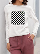 Stay Happy Checkered Graphic Tee Long Sleeve Women's