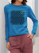 Stay Happy Checkered Graphic Tee Long Sleeve Women's