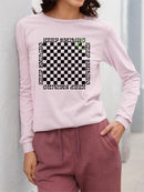 Stay Happy Checkered Graphic Tee Long Sleeve Women's