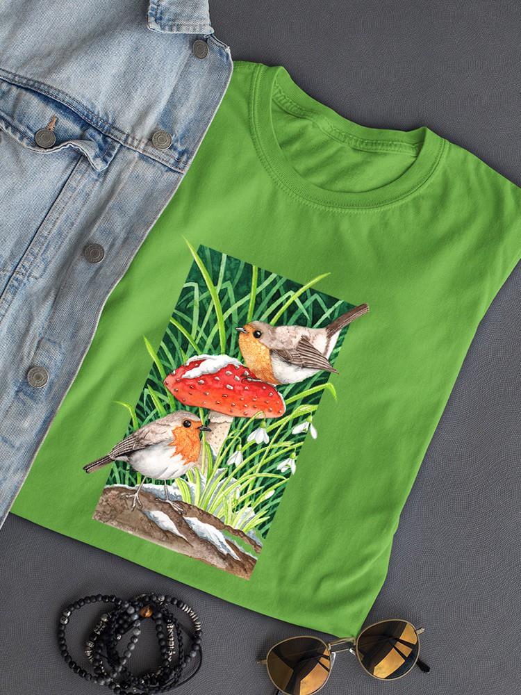 Robin On Mushroom. T-shirt -Girija Kulkarni Designs