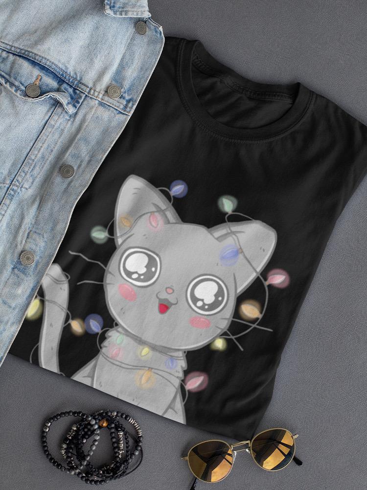 Cute Holiday Cat With Lights Women's Shaped T-shirt