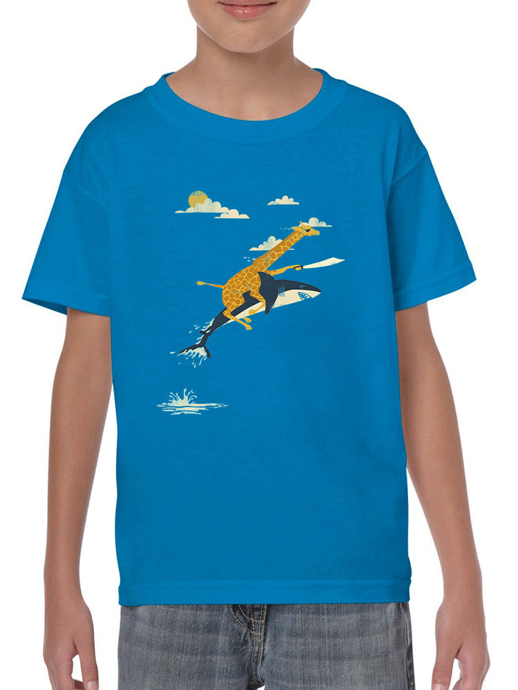 Giraffe Riding A Shark T-shirt -Jay Fleck Designs