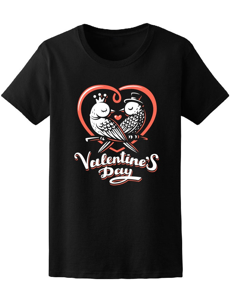 Happy Valentine Day Lettering With Birds Logo, , Emblem  On Dark  Tee Wome