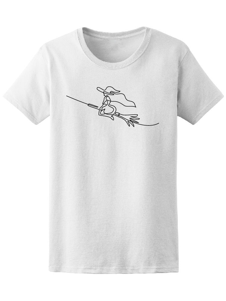 Continuous Line Drawing Of Black Halloween Witch On Broom  Tee Women's -Im