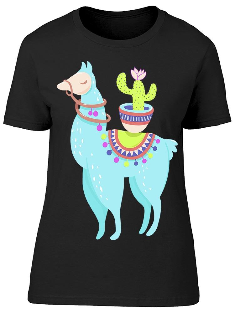 Cute Blue Llama With A Cactus  Tee Women's -Image by Shutterstock