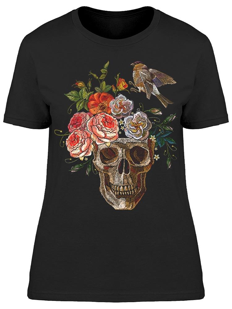 Gothic Ihuman Skull Red Roses Tee Women's -Image by Shutterstock