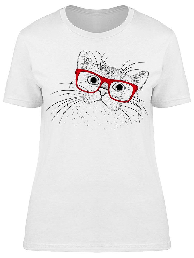 Cat Looking Up Red Glasses  Tee Women's -Image by Shutterstock
