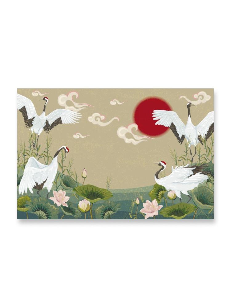 Japanese Cranes At Sunset Poster -Image by Shutterstock