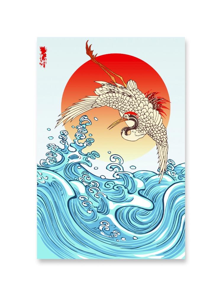 Crane Flying Over Wave At Sunset Poster -Image by Shutterstock