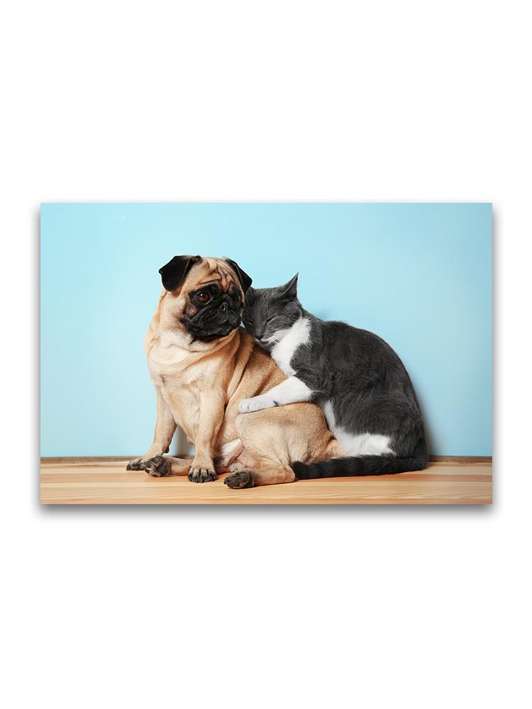 Adorable Pug Dog And Cat Hugging Poster -Image by Shutterstock