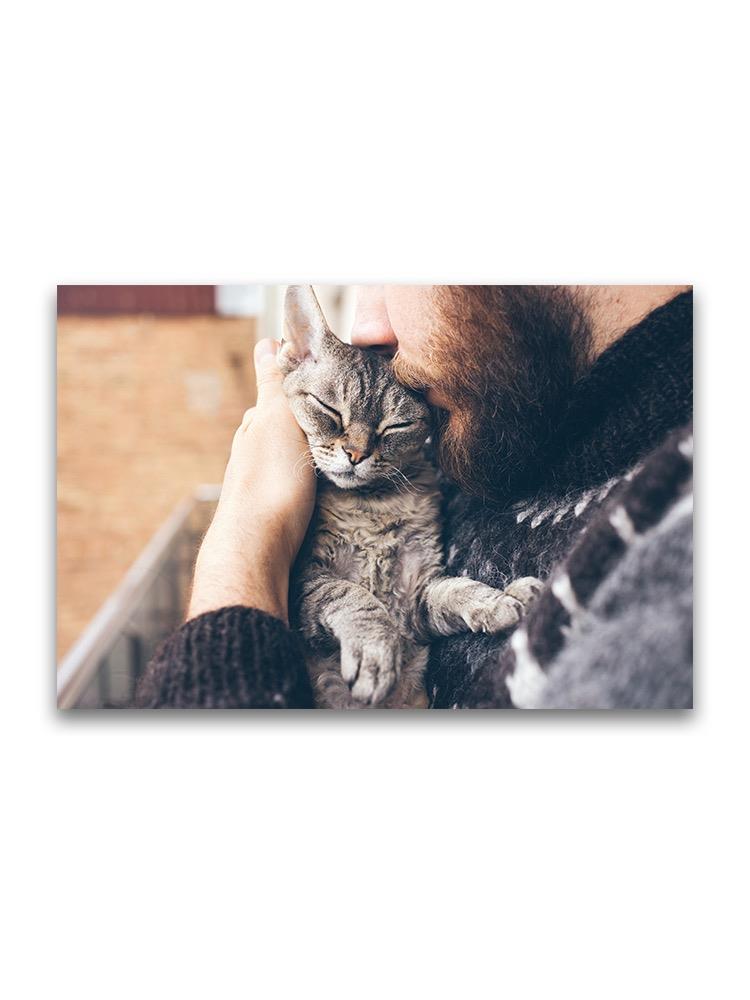 Bearded Man Kissing Adorable Cat Poster -Image by Shutterstock