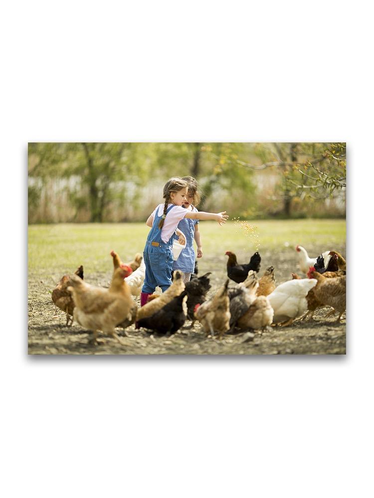 Little Girls Feeding Chickens Poster -Image by Shutterstock
