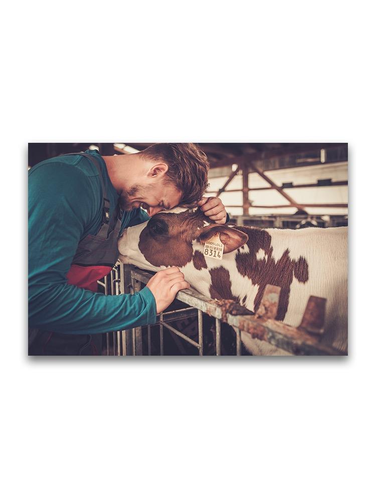 Young Farmer And Cow Joyful Poster -Image by Shutterstock