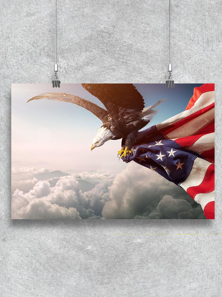 Eagle Flying With Usa Flag Poster -Image by Shutterstock