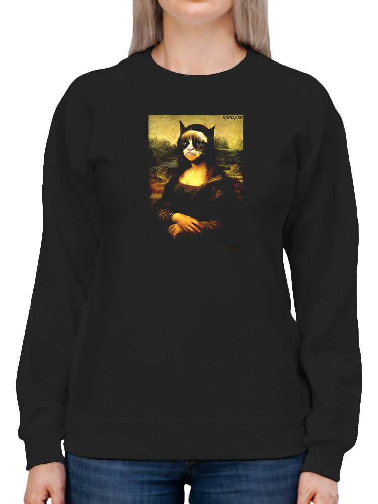 Mona Lisa With Grumpy Cat Face Sweatshirt Women's -T-Line Designs